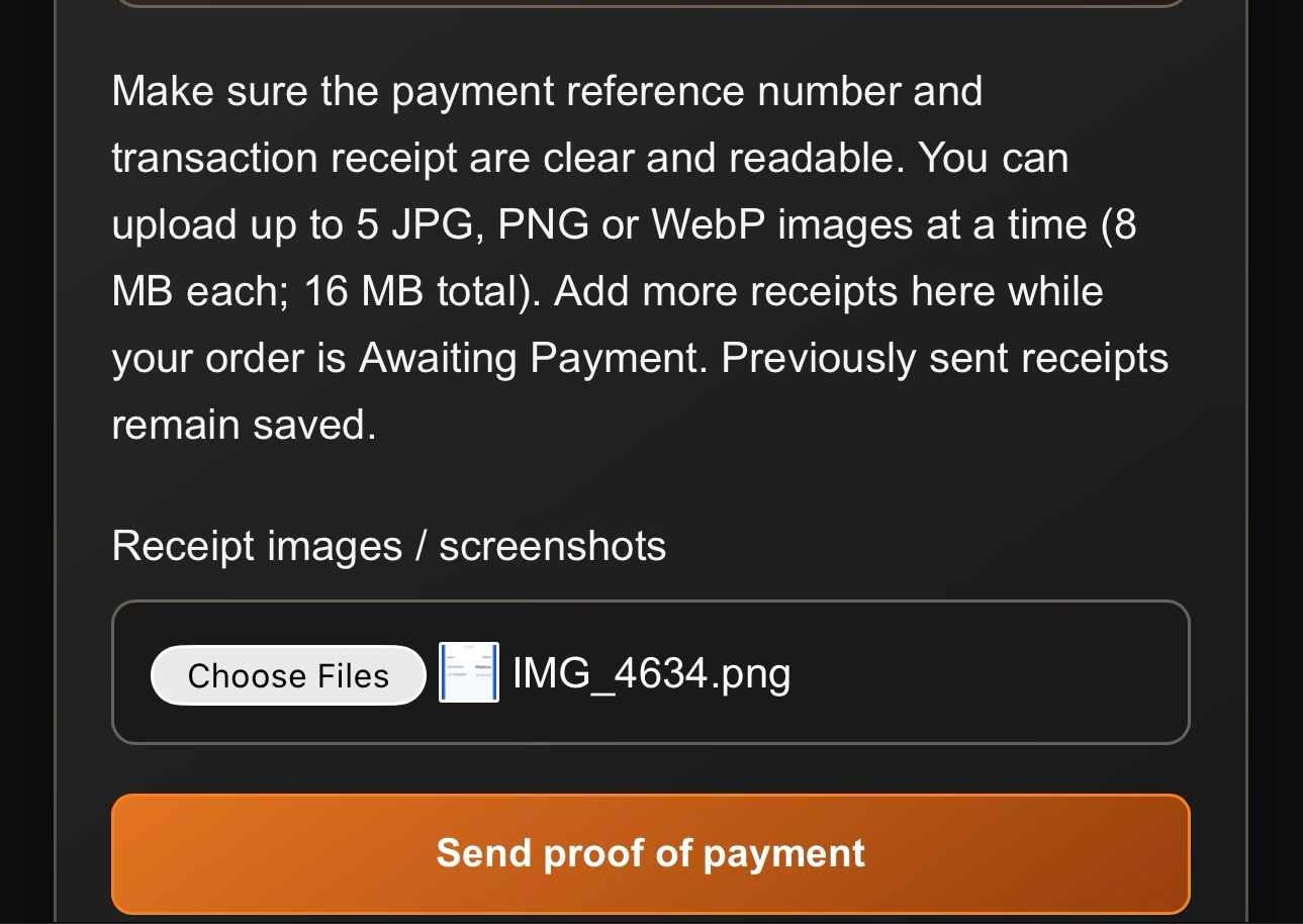 Receipt image chooser and Send proof of payment button